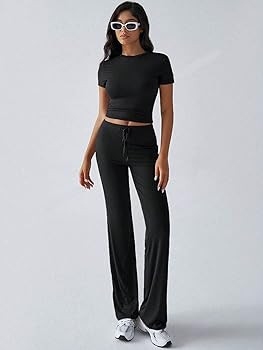 MARZXIN Women's 2 Piece Lounge Sets Straight Leg Pants Set Short Sleeve Crewneck Crop Tops and Lo... | Amazon (US)