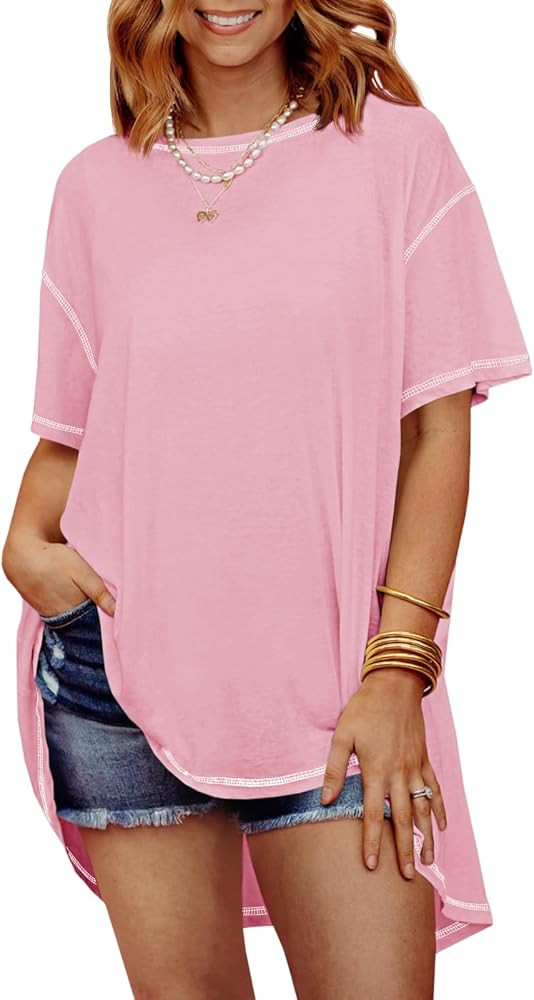 Tankaneo Women's Oversized T Shirts Casual Summer Short Sleeve Crew Neck Loose Fit Tunic Tops | Amazon (US)