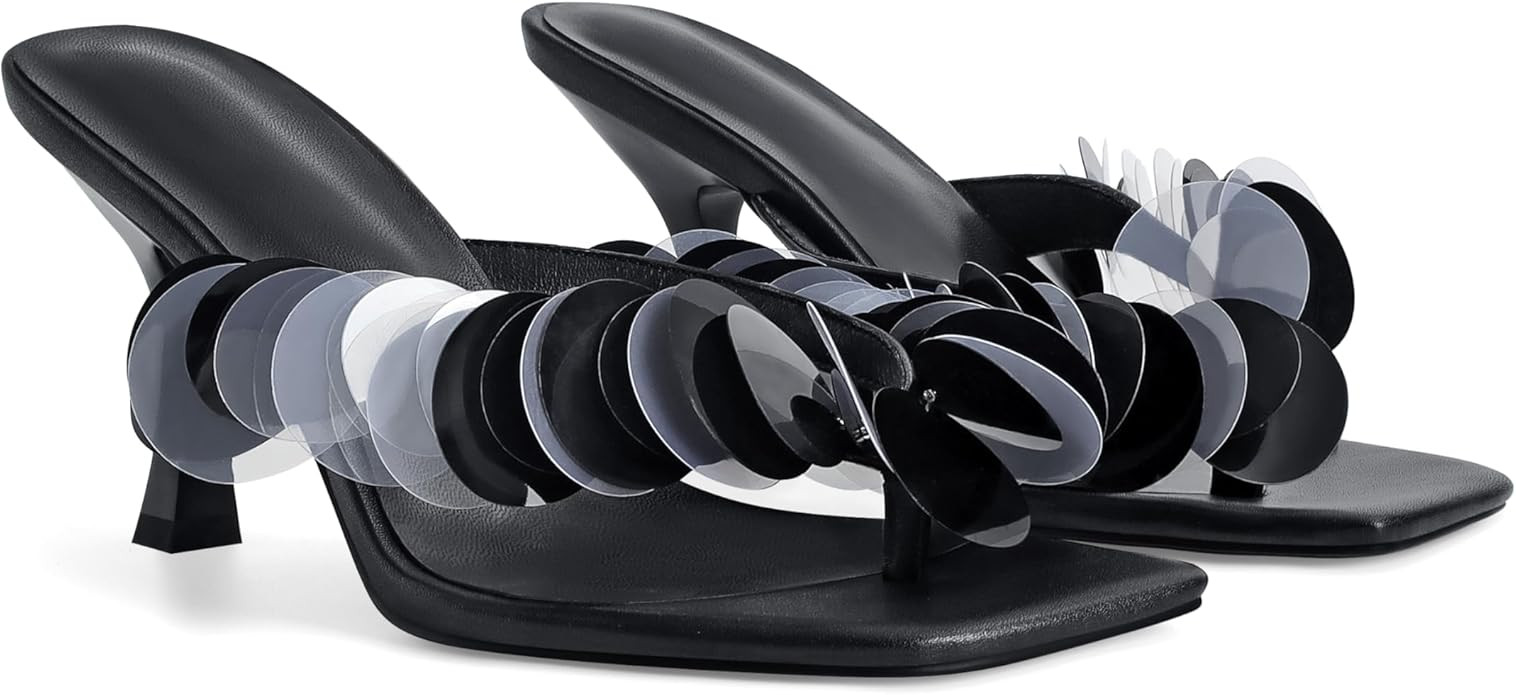 Flip Flop Heels for Women Square Open Strappy Heels Dressy Kitten Heeled Sandals with Plastic Dis... | Amazon (US)