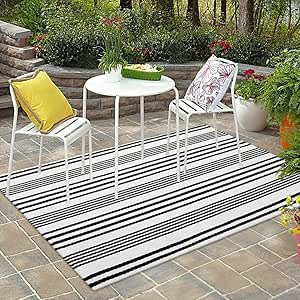 Black and White Striped Outdoor Rug,4’x6’Cotton Modern Farmhouse Rug Hand-Woven Reversible Do... | Amazon (US)