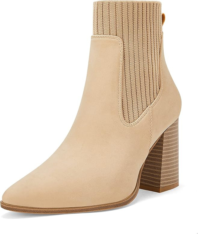 Coutgo Women Pointed Toe Ankle Boots Knit Sock Boot Chunky Block Stacked Mid Heel Comfortable Che... | Amazon (US)