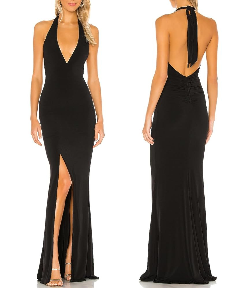 Aigeman Women's Sexy Deep V-Neck Halter Evening Gown High Split Backless Maxi Dress Bodycon Forma... | Amazon (US)