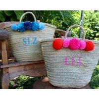 monogrammed bag with pompoms,  pompom straw bag, personalized straw bag, customized beach bag, market bag, market tote, toy storage basket | Etsy (US)