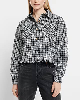 Boucle Printed Fringe Hem Cropped Shacket | Express