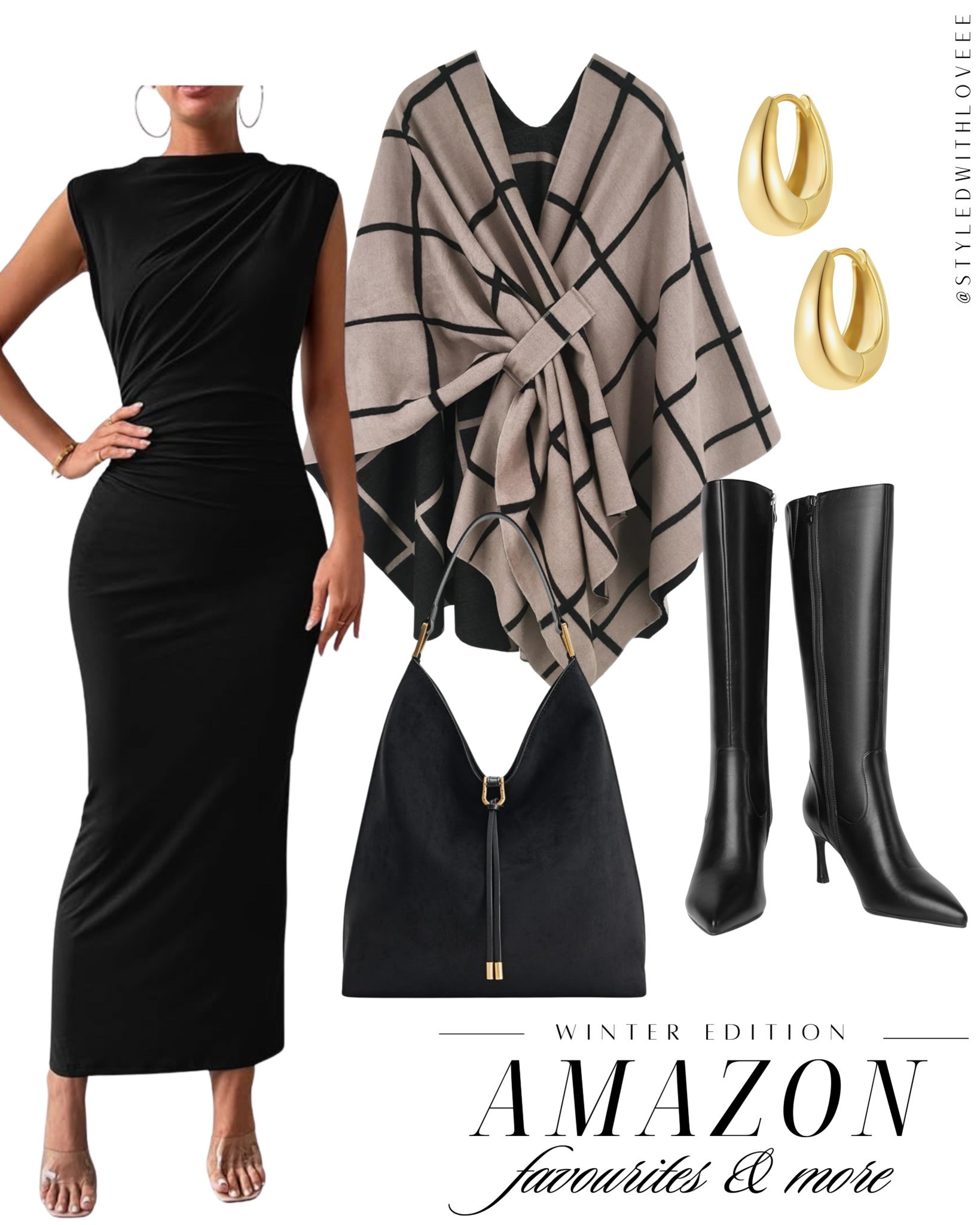 Soft wrap, sharp lines — contrast, but make it chic 🤍✨
This black ruched dress is doing that refined-but-effortless thing, and the windowpane poncho adds just the right amount of drama. Gold hoops to warm it up, tall boots to ground the look, and a slouchy bag to keep it modern. Consider this my winter take on understated glamour — cozy, polished, and quietly powerful. ✨

#LTKootd #LTKSeasonal #LTKHoliday 

 