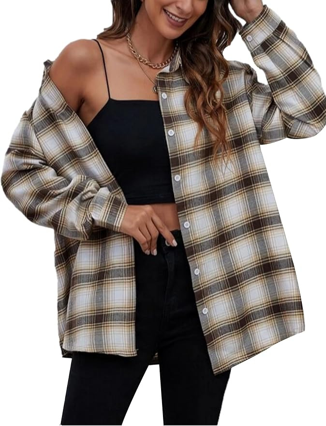 HangNiFang Womens Flannel Plaid Shirts Oversized Lightweight Button Down Shirts Blouse | Amazon (US)