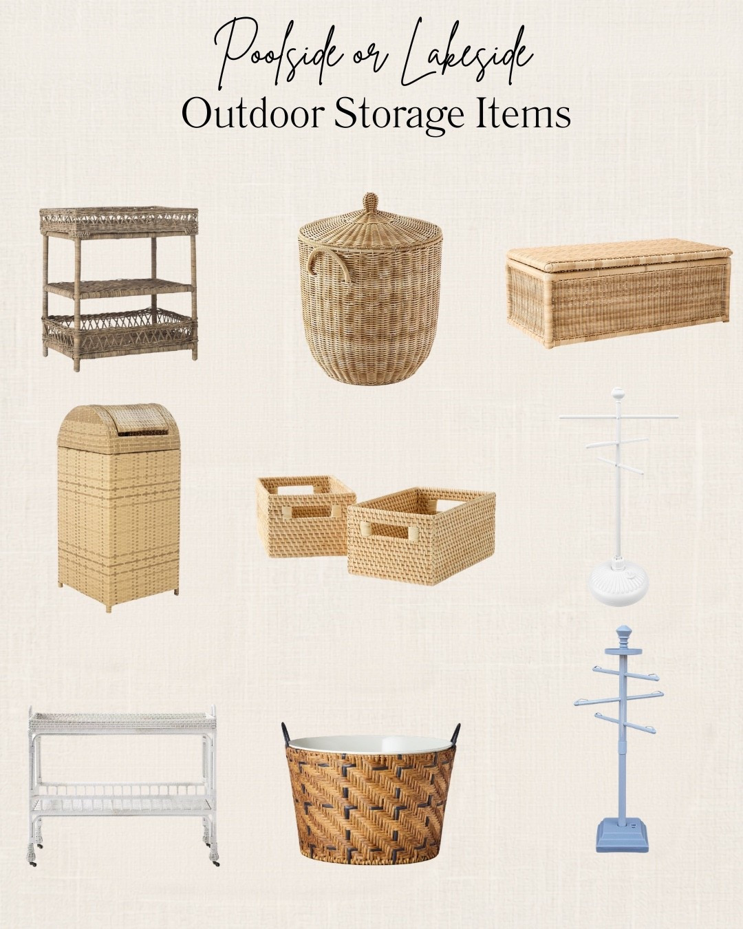 Keep your poolside or lakeside space looking beautiful and organized with stylish storage that works hard all summer long.  Store fresh towels, sunscreen, goggles, pool toys, floats, bug spray, and all the little swimming essentials in baskets, bins, cabinets, and storage benches that blend seamlessly with your outdoor decor. I also included a few freestanding towel hangers—the perfect spot to dry wet towels and swimsuits while keeping them off the patio furniture. Functional storage makes cleanup quick and keeps everything right where you need it for a relaxing day by the water. 

#LTKHome #PoolsideStyle #LakeHouseDecor #OutdoorLiving #PoolOrganization #LakeLife #OutdoorStorage #FrenchCountryStyle #CoastalHome #SummerHome #PatioDecor #HomeOrganization #BackyardInspo #LTKFinds #AmazonHome