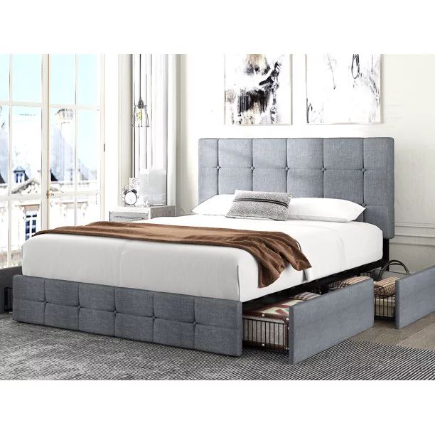 Amolife Queen Size Platform Bed Frame with Headboard and 4 Storage Drawers, Button Tufted Style, ... | Walmart (US)