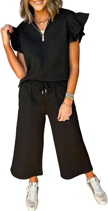 SHEWIN 2 Piece Sets Outfits for Women Collared V Neck Ruffle Short Sleeve Polo Shirts Quarter Zip... | Amazon (US)