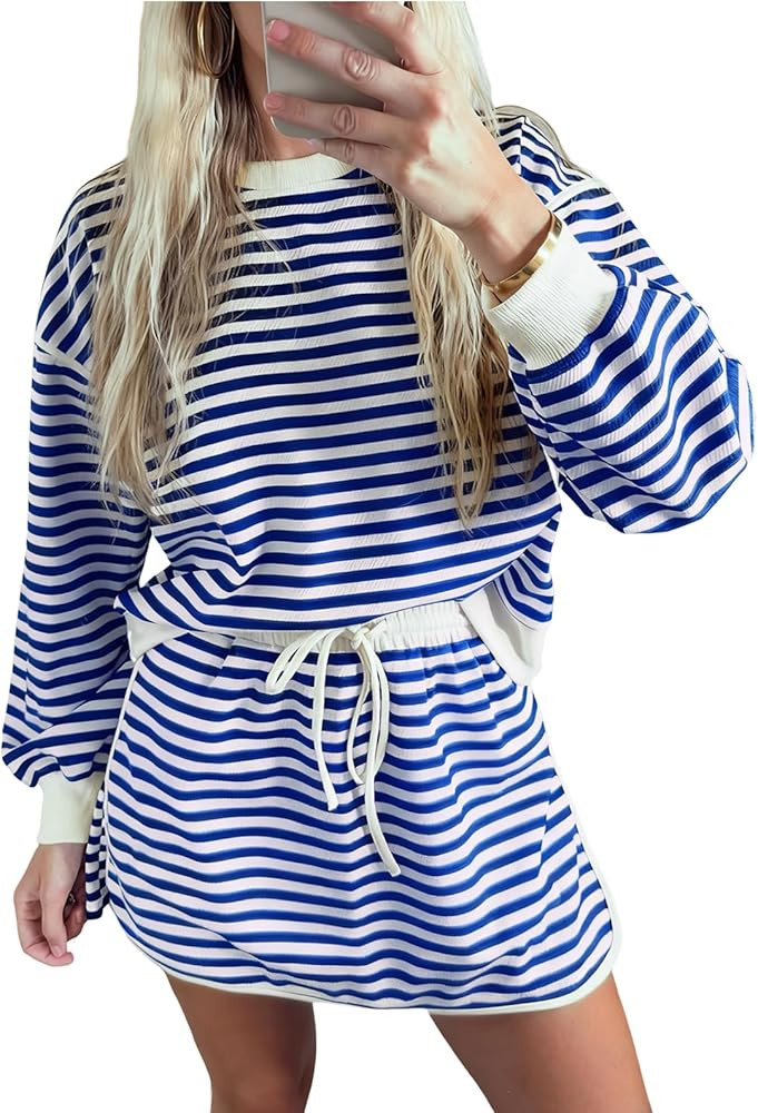 UONBOX 2 Piece Skirt Sets for Women Striped Textured Crop Pullover Tops and Drawstring Skirts Set... | Amazon (US)