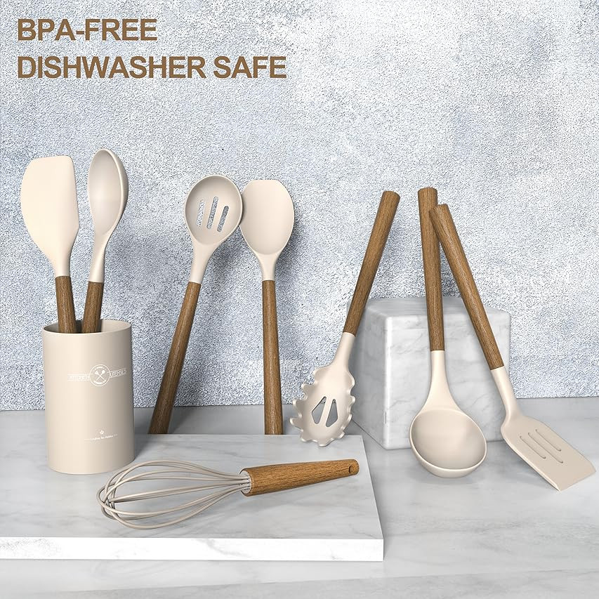 24 PCS Silicone Cooking Utensils Set, Kitchen Utensils Spatula Set with Holder, Wooden Handles Heat  | Amazon (US)