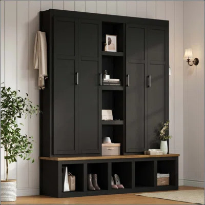 Farmhouse 4-In-1 Hall Tree With 6 Hanging Hooks, Mudroom Wood Grain Bench With Open Compartments, Entryway Shoe Cabinet With Seating Bench For Living | Wayfair North America