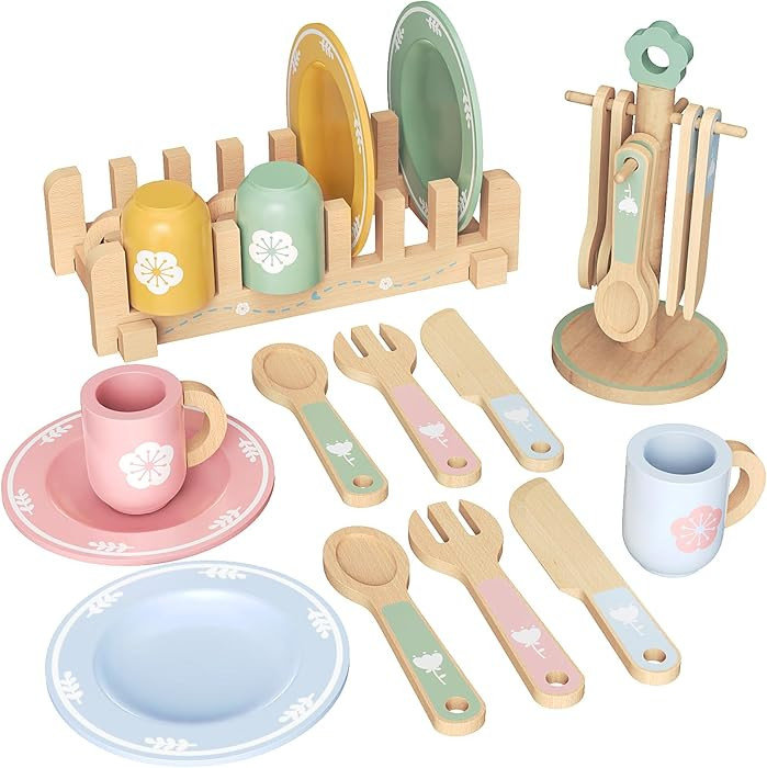 20 PCS Kitchen Playset with Wooden Toy Plates and Dishes, Montessori Kitchen Toys for Girls and B... | Amazon (US)
