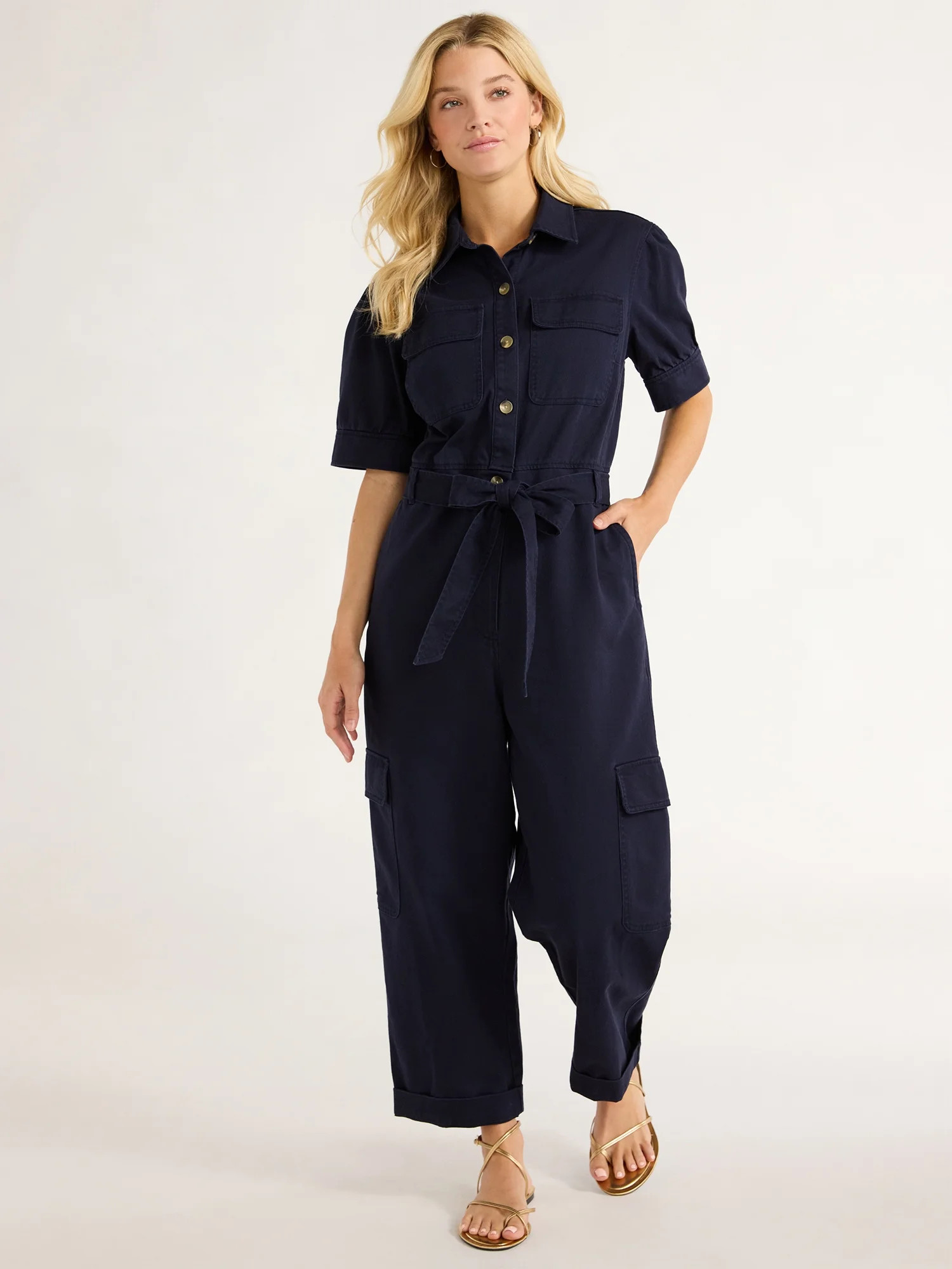 Free Assembly Women’s Cotton Cargo Jumpsuit with Puff Sleeves, 26” Inseam, Sizes XS-XXL | Walmart (US)