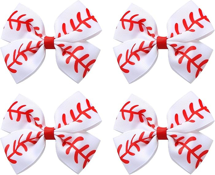4PC Baseball Hair Bow Clips for Baby Girls Women 4 Inch White Softball Cheer Hair Accessories | Amazon (US)