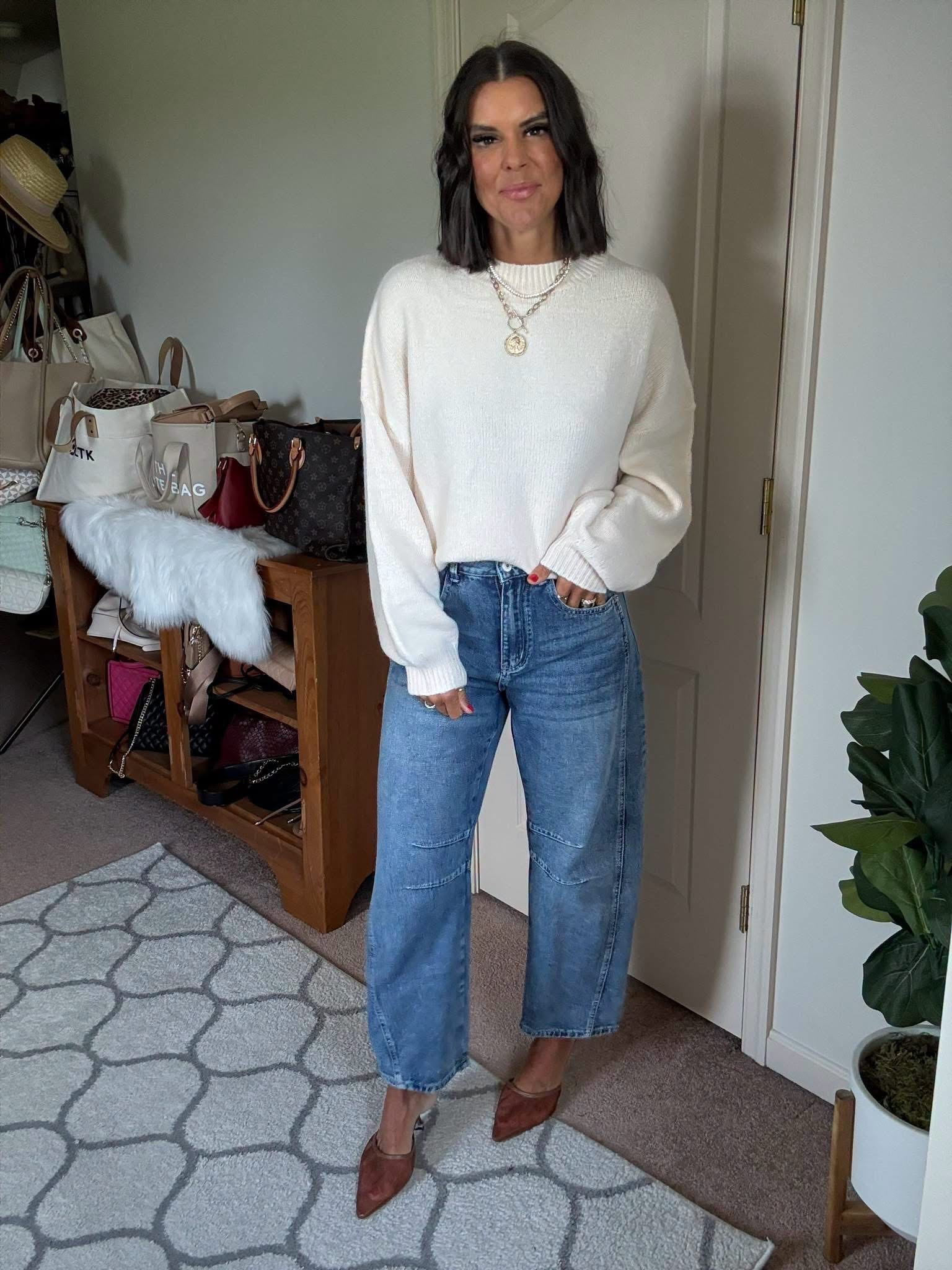 Size small in sweater and jeans