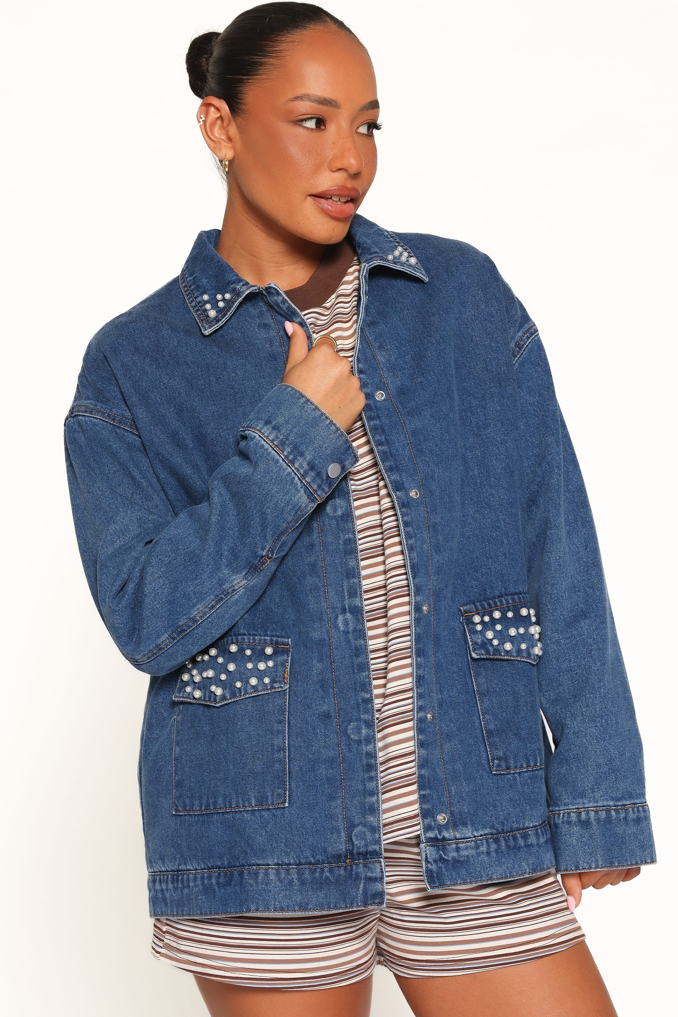 Mandie Pearl Trim Denim Shacket - Indigo | Petal & Pup (US)