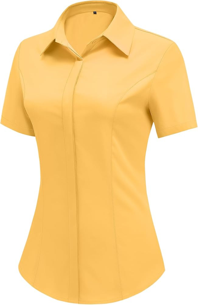 HOTOUCH Women Short Sleeve Button Down Shirts Business Work Fitted Collared Blouse Office Basic S... | Amazon (US)