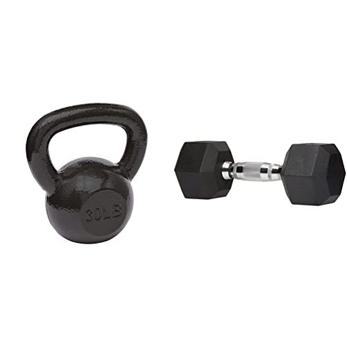 Amazon Basics Rubber Encased Hex Dumbbell Weight - 12 x 4.9 x 4.4 Inches, 20 Pounds, Pack of 1 & Cast Iron Kettlebell - 25 Pounds, Black | Amazon (US)