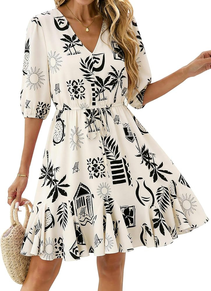 BTFBM Women Summer Spring Floral Boho Dress 2026 V Neck Short Sleeve Ruffle Beach Vacation Clothe... | Amazon (US)