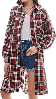 Women Oversized Button Down Shirt Jacket Boyfriend Plaid Shirts Lantern Sleeve Dress with Pockets | Amazon (US)