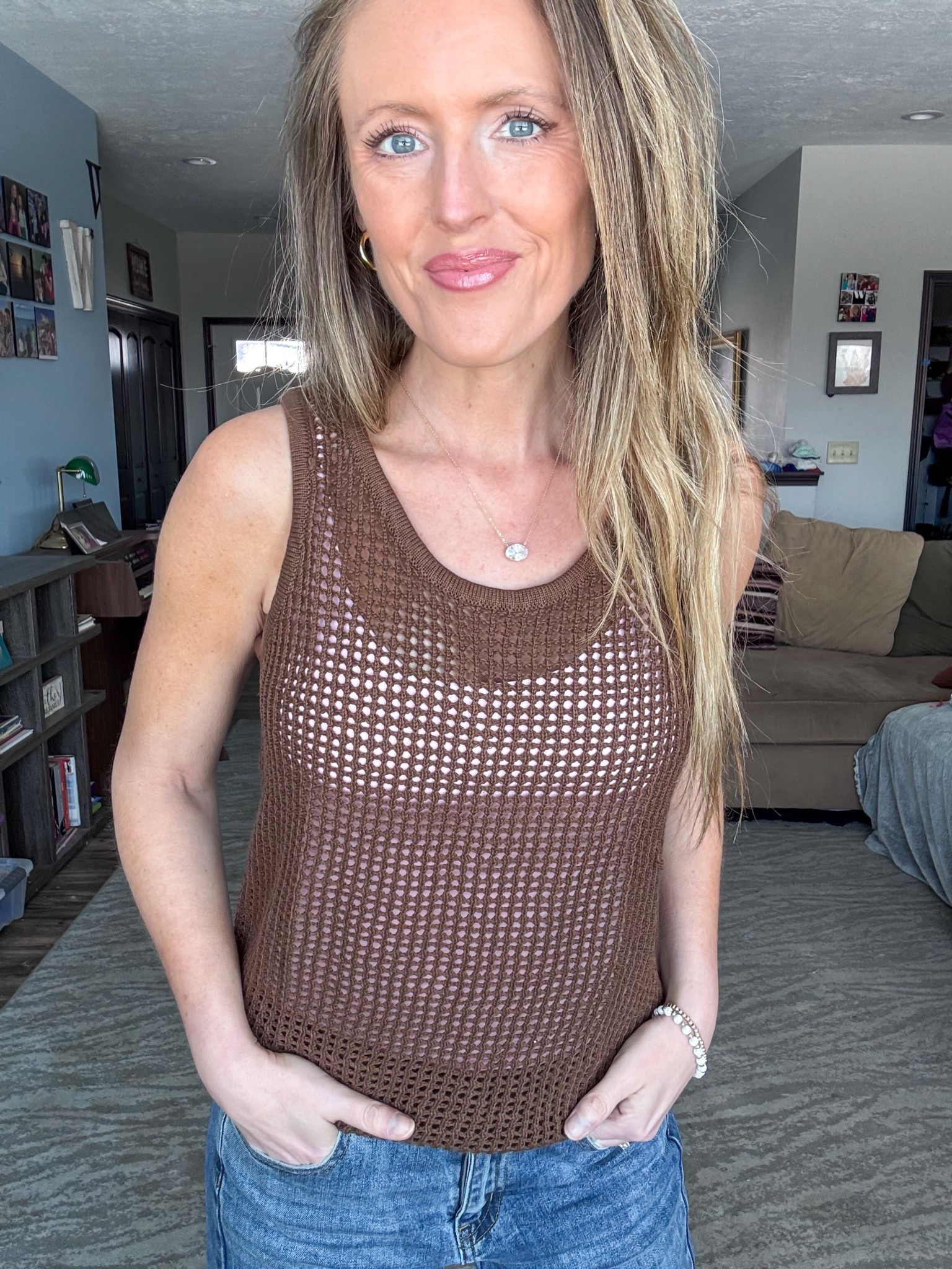 This crocheted tank is perfect layered with a cami or used as a coverup top! 🤎 Loving the brown and does come in more colors. Wearing a small.

As an Amazon Influencer I earn commission on qualifying purchases.

Brown top, spring tank top, coverup tank top, spring fashion 2026, mom styles, resort wear, vacation outfit inspo 

#LTKSwim #LTKMidsize #LTKOver40