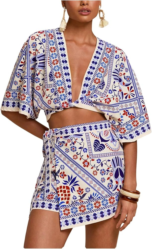 RoseSeek Women's 2 Piece Summer Skirt Sets Tropical Half Sleeve Top and Wrap Skirts Set Beach Vac... | Amazon (US)