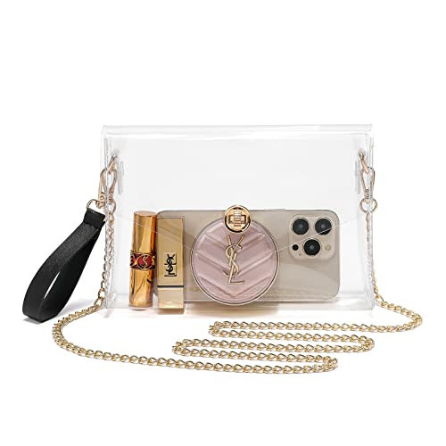 YikuStyle Clear Purse Stadium Approved,Small Clear Crossbody Bag for Women,See Through Handbag Clutch Shoulder Bag(Gold Chain) | Amazon (US)