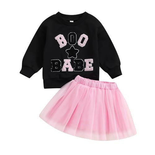 Pybcvrrd Toddler Baby Girl Halloween Clothes Embroidery Long Sleeve Sweatshirt Tops Tulle Tutu Skirt Set 2Pcs Fall Outfit (Black, 6-12 Months) | Amazon (US)
