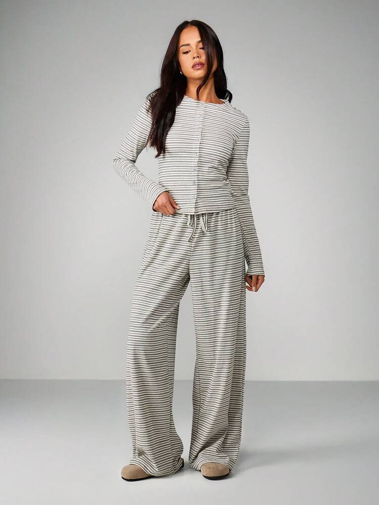MISSGUIDED Striped Loungewear Button Front Top And Wide Leg Pants Matching Loungewear Set Comfortable Pajama Casual Sleepwear For Spring Fall Winter | SHEIN