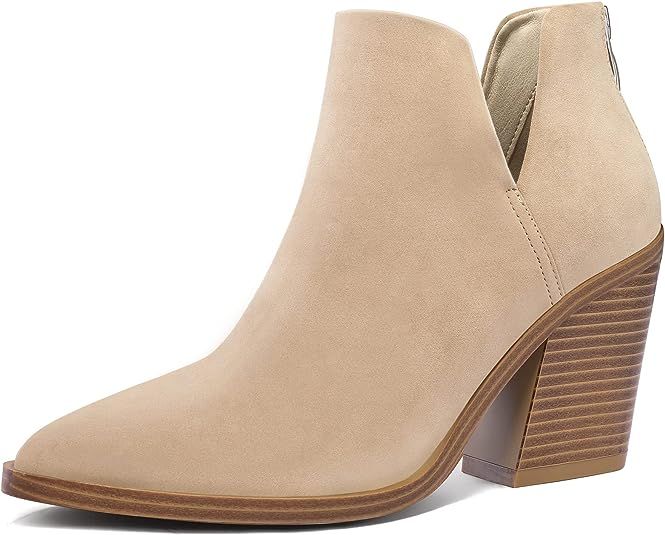 mysoft Women's Ankle Boots Slip on Cutout Pointed Toe Chunky Stacked Mid Heel Booties | Amazon (US)