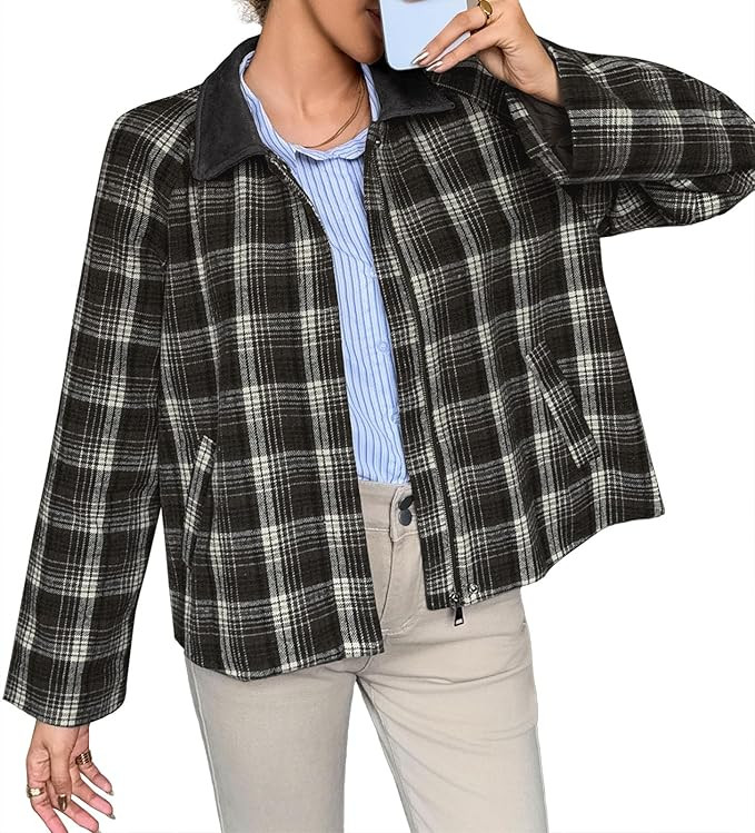 Tankaneo Womens Plaid Cropped Jackets Barn Lightweight Flannel Zip Up Utility Coat Casual Short J... | Amazon (US)