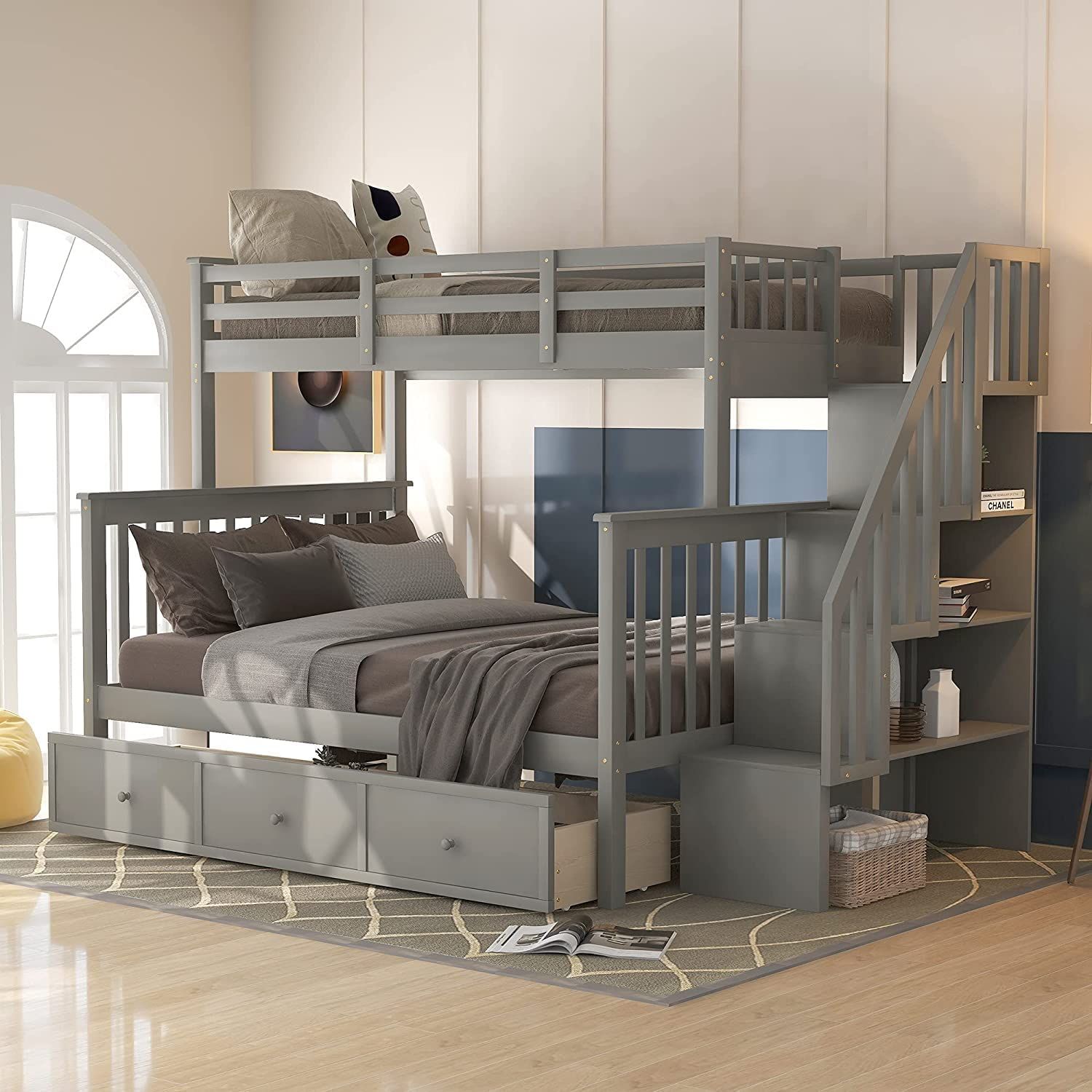 Twin Over Full Bunk Bed with Stairs, Wood Bunk Bed Frame with Storage Drawers and Shelves, No Box... | Amazon (US)