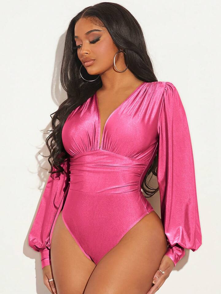 SHEIN SXY Pleated Deep V-neck Bodysuit | SHEIN