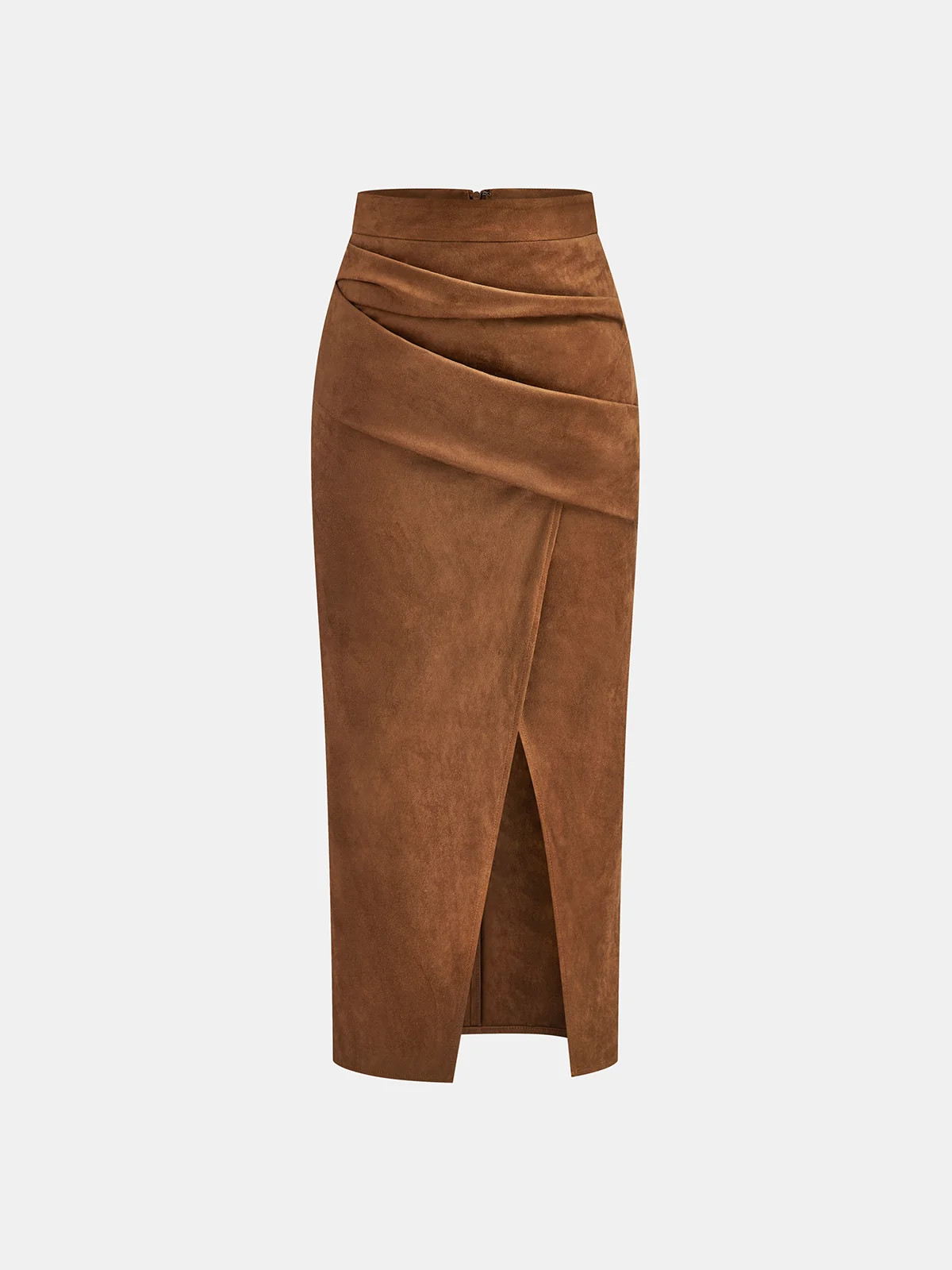 Draped Slit Suede Effect Midi Skirt | Commense