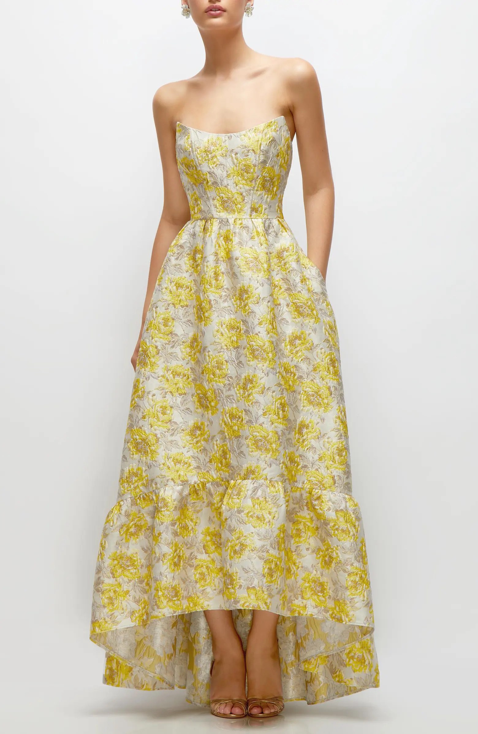 Metallic Jacquard Corset High/Low Gown | Nordstrom