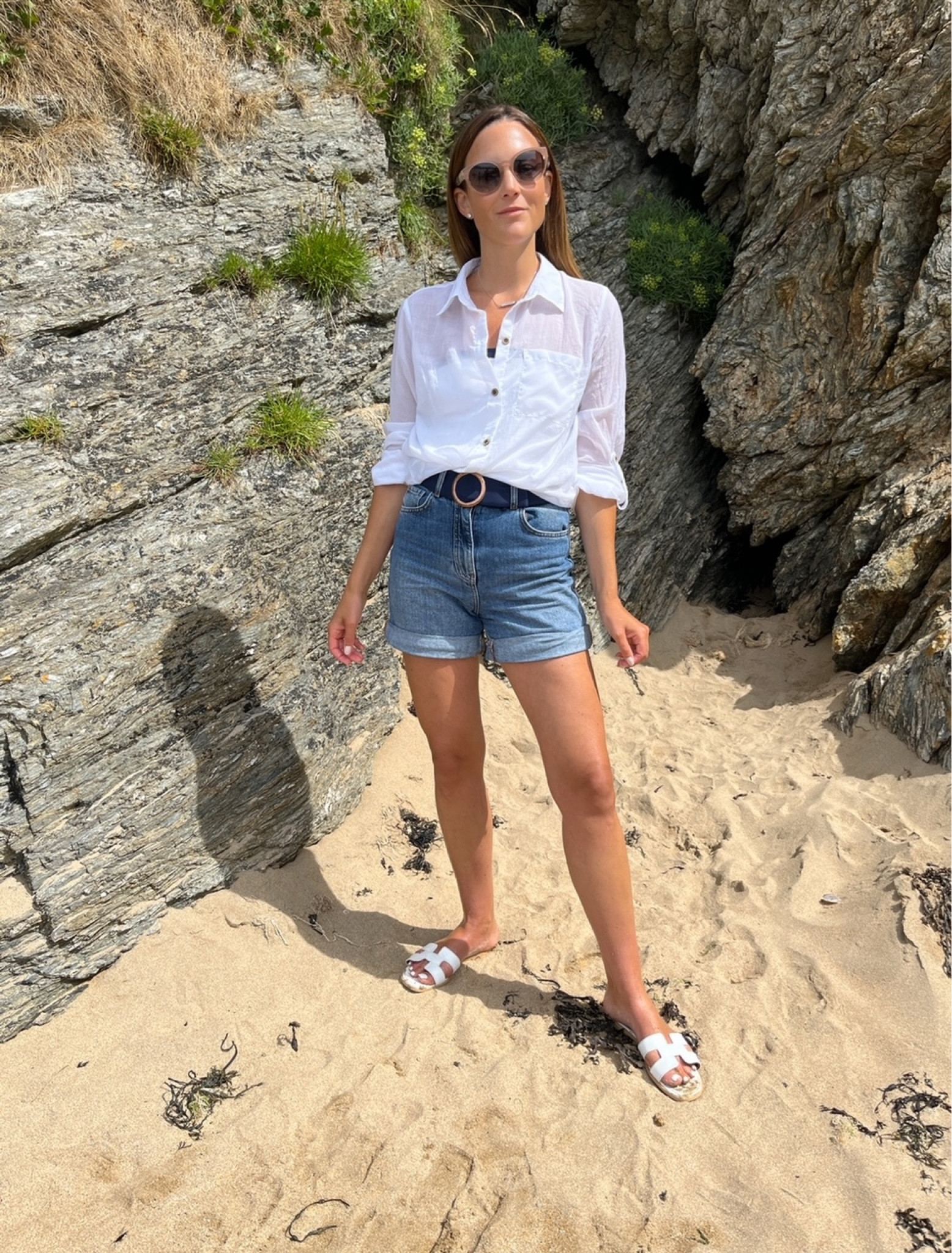 White shirt, denim shorts, white sandal slides, black belt, sunglasses

#LTKeurope #LTKSeasonal #LTKstyletip