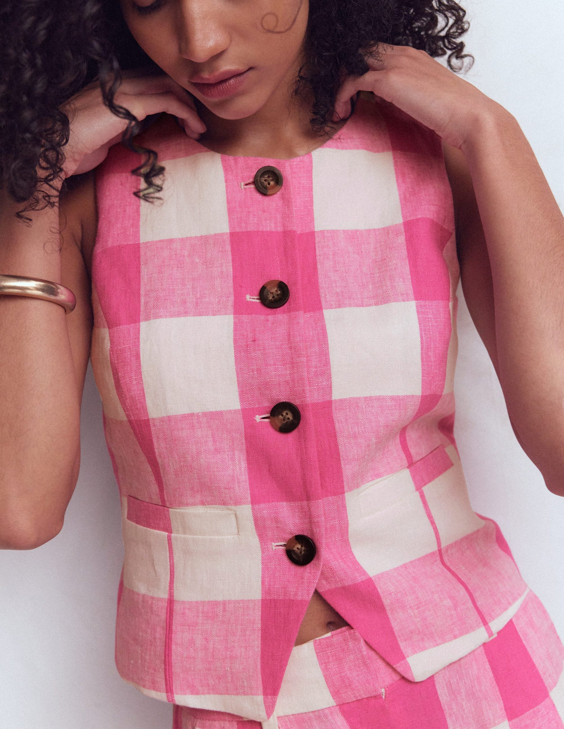 Linen Scoop Neck Waistcoat-Pink Gingham | Boden (US)