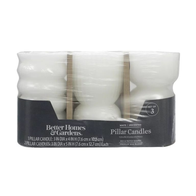 Better Homes & Gardens Unscented Pillar Candles, 3-Pack, 3x5 inches, 3x4 inches, White | Walmart (US)