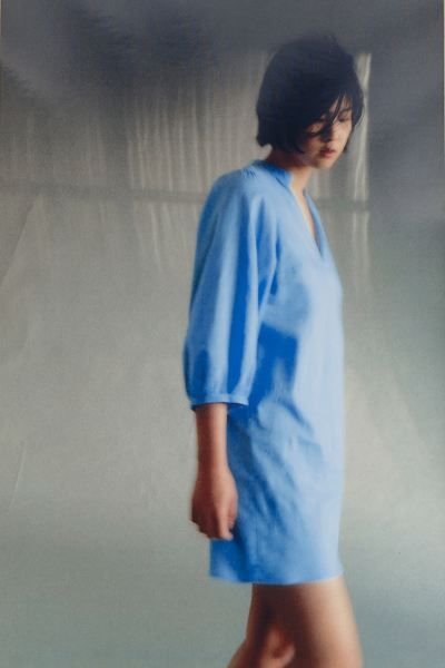 Linen-blend Dress - V-neck - 3/4 sleeve - Blue - Ladies | H&M US | H&M (US + CA)