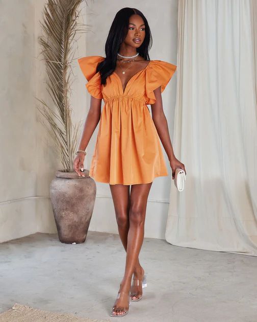 Sun Kissed Dreams Pocketed Ruffle Sleeve Mini Dress - Tangerine | VICI Collection