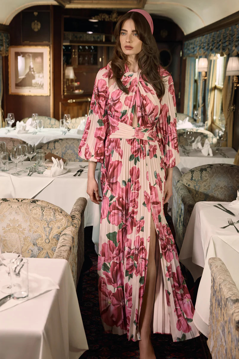 Rionna  Pink Hibiscus Print High-Neck Maxi Dress With Cut-Out Detailing | Club L London