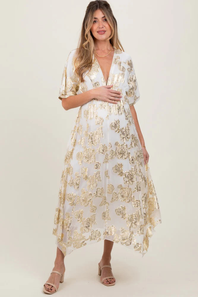 Cream Metallic Floral Jacquard Overlay Maternity Maxi Dress | PinkBlush Maternity