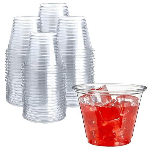 Prestee Clear Plastic Cups – 9oz Disposable PET Water, Wine, and Drink Glasses – Crystal Clear, Durable, Recyclable Party Cups – 100 Count for Holiday, Events, Coffee Shops, Restaurants | Amazon (US)