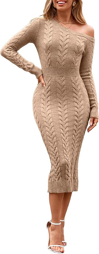 Simplee Womens Fall Long Sleeve Bodycon Sweater Dress 2025 Cable Knit One Off Shoulder Slit Ribbe... | Amazon (US)