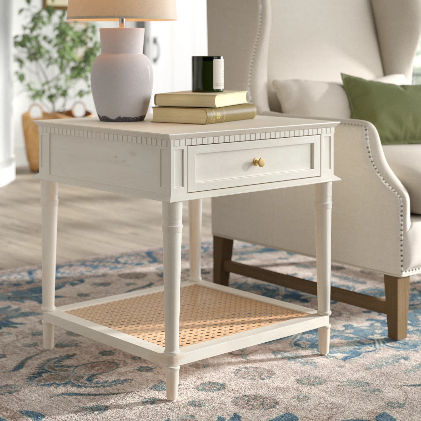 Maxwelton Solid Wood End Table with Drawer and Woven Cane Storage Shelf | Wayfair North America