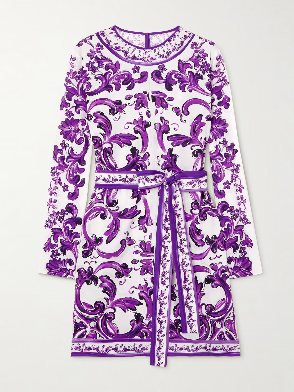 Dolce & Gabbana - Belted Printed Silk-blend Voile Mini Dress - Purple | NET-A-PORTER (US)