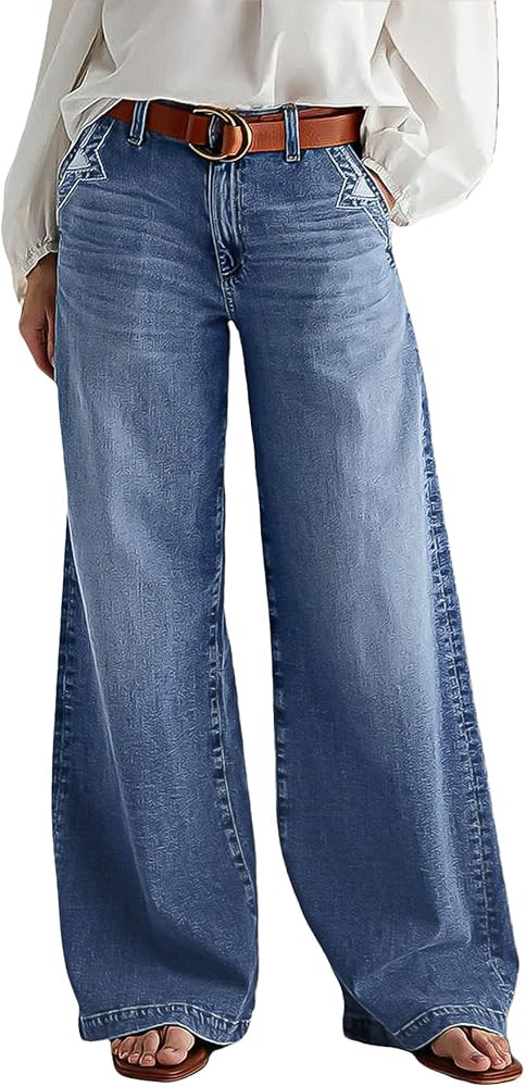 Flamingals Wide Leg Jeans for Women Mid Waist Baggy Stitch Decor Denim Washed Pants Without Belt | Amazon (US)