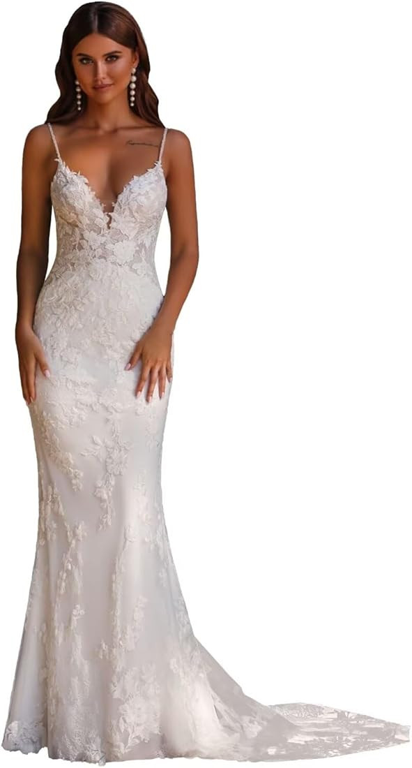 Wedding Dress for Bride Boho Beach Lace Appliques Mermaid Bridal Gowns with Train | Amazon (US)