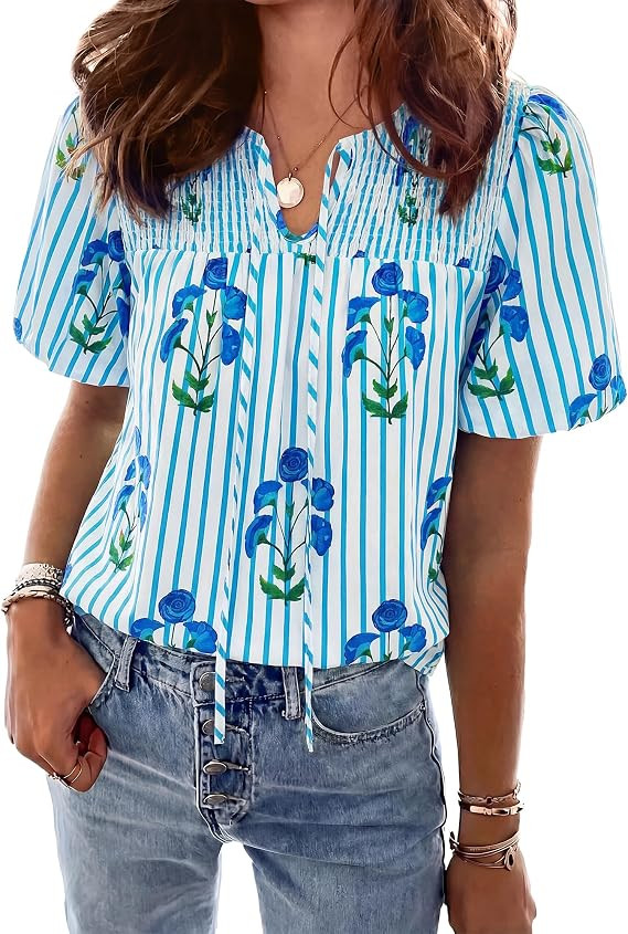 KIRUNDO Boho Tops for Women Summer 2026 Dressy Floral Blouse V Neck Drawstring Short Sleeve Shirt... | Amazon (US)